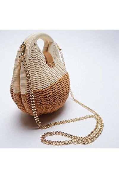 FASHION COCKTAIL Дамска лятна чанта от естествена слама с твърда плетена верижка и презрамка от суров лен