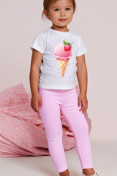 Mavipink Girls Strawberry Ice Cream Printed Cotton T-Shirt and Leggings 2-Piece Set