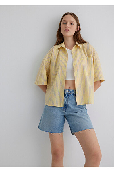 Mavi Çizgili Sarı Gömlek Crop / Kısa Kesim 1211102-89859