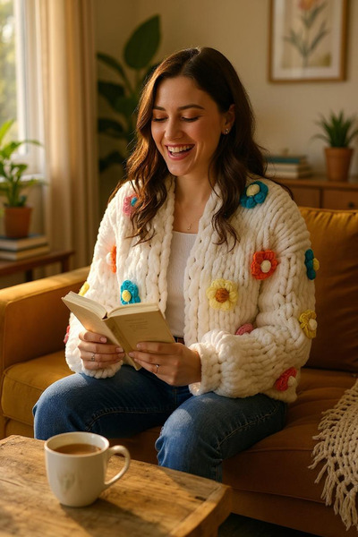 Zuviel Deco Handmade El yapımı Çiçek Puffy Polar Chunky Hırka, Ceket