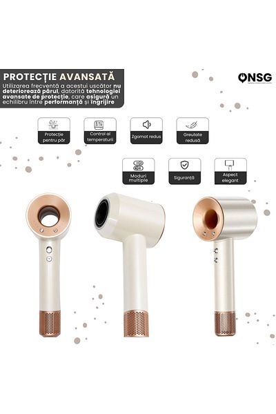 ONSG Premium Hair Dryer Aeroglam Pro, Brushless Motor, Overheat Protection, 5 Nozzles, Cream With Gold