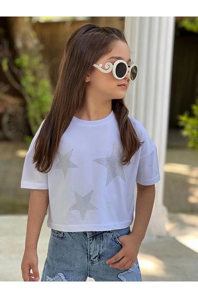DUDOR KİDS Set de pantaloni din denim decolorat cu stea pentru fete și tricou crop alb