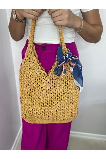 BAGS Straw Colored Shoulder Bag - Hand Knitted Detail