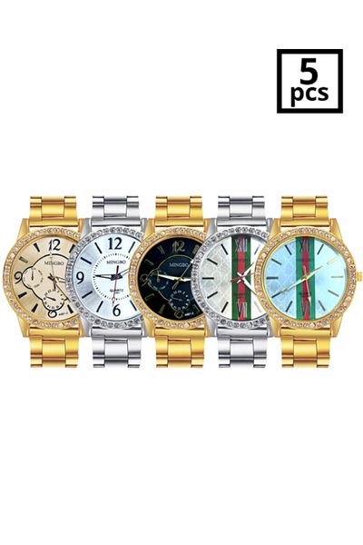 MACON Pack of 5 Stainless Steel Diamond Stone Mixed Design Womens Assorted Color Watch - Gold and Silver