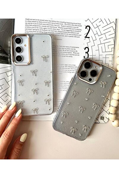 MustCase Samsung Galaxy S24 FE Telefon Kılıfı Fiyonk Desenli Şeffaf Kılıf Simli Parlak Kapak