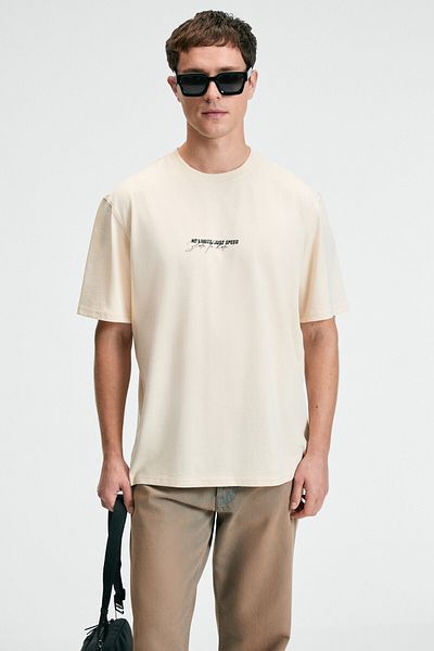 GRIMELANGE Tasty Men's 100% Cotton Oversize Fit Printed Short Sleeve Round Neck Vanilla T-Shirt
