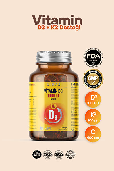 DMAX D-max Vitamin D3k2 Vitamin C Içerikli 30 Adet Soft Jel Kapsül Yüksek Emi...