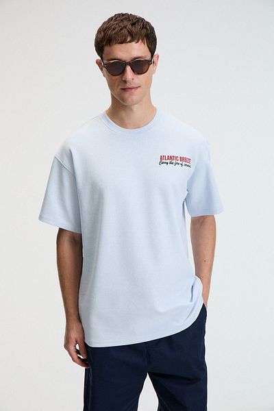 GRIMELANGE Yum Men's Oversize Printed Round Neck Blue T-Shirt
