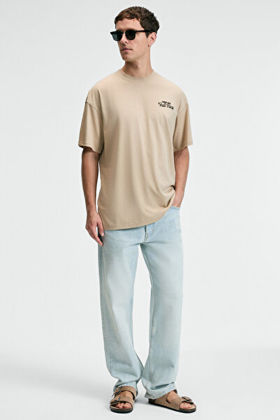 GRIMELANGE Flavor Men's Oversize 100% Cotton Printed Round Neck Beige T-Shirt