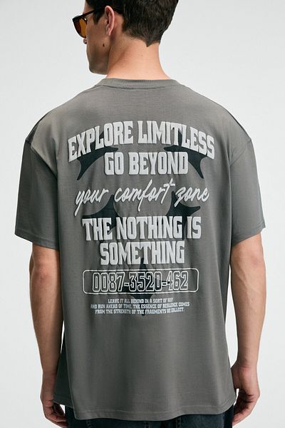 GRIMELANGE Feast Men's 100% Cotton Oversize Fit Printed Short Sleeve Round Neck Gray T-Shirt