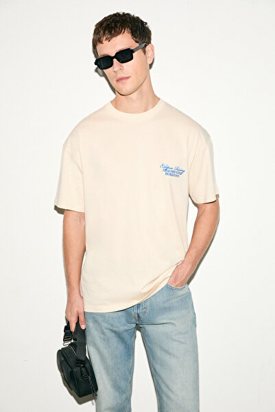 GRIMELANGE Ανδρικό μπλουζάκι VEYRON 100% βαμβακερό με στάμπα με κοντό μανίκι με στρογγυλή λαιμόκοψη βανίλια