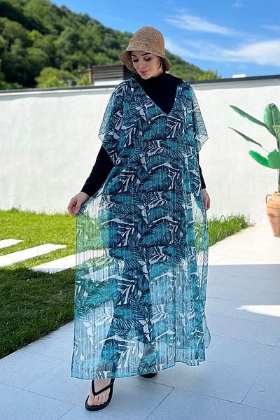Remsa Mayo 430-T12 Line Leaf Remsa Knitwear Knitted Single Kaftan Pareo Over Hijab Swimsuit
