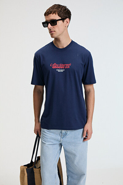 GRIMELANGE Ανδρικό μπλουζάκι BITE Oversize 100% βαμβακερό με στάμπα με στρογγυλή λαιμόκοψη Navy Blue