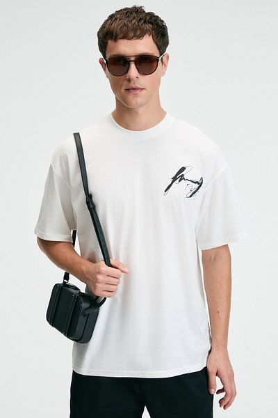 GRIMELANGE Pop Men's 100% Cotton Oversize Fit Printed Short Sleeve Round Neck Ecru T-Shirt