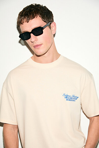 GRIMELANGE Ανδρικό μπλουζάκι VEYRON 100% βαμβακερό με στάμπα με κοντό μανίκι με στρογγυλή λαιμόκοψη βανίλια