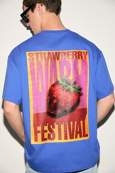GRIMELANGE Snack Men's Oversize Fit 100% Cotton Printed Round Neck Saks Blue T-Shirt