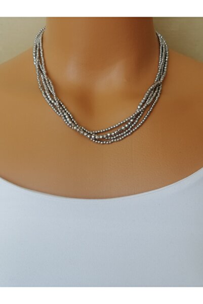 LemaStone Gümüş renk hematit doğal taş kolye