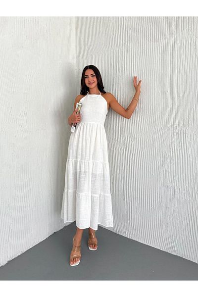 MODAMOR Necklace Linen Dress-White