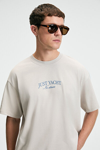 GRIMELANGE Veyron Men's 100% Cotton Oversize Fit Printed Short Sleeve Round Neck Beige T-Shirt