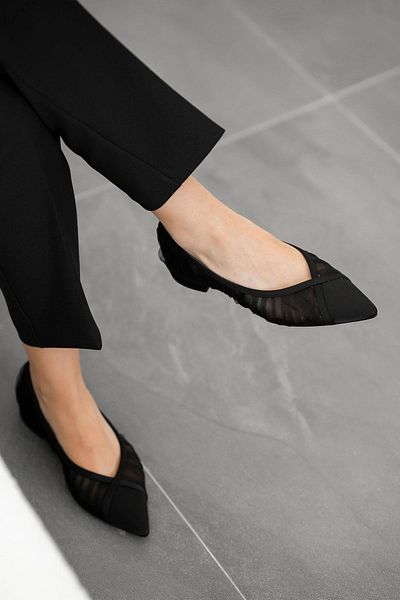 Parponi Bürüksel Mesh Detailed Satin Pointed Ballerinas Black
