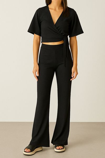 MODA Kraveze Spanish Sleeve Leg Crop Double Tracksuit Set Summer Casual Sports Combination V-Neck