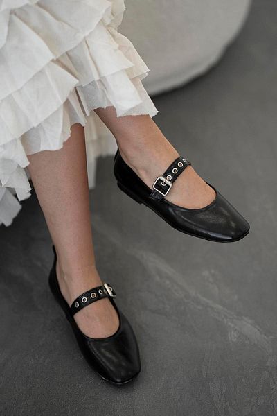 Parponi Stone Women's Belt Detail Leather Ballerinas Black