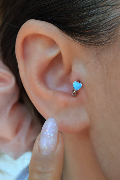 Sacce Scarves&Accessories Mavi Kalpli Halka Tragus Piercing Helix Kıkırdak Küpesi Gümüş Renkli