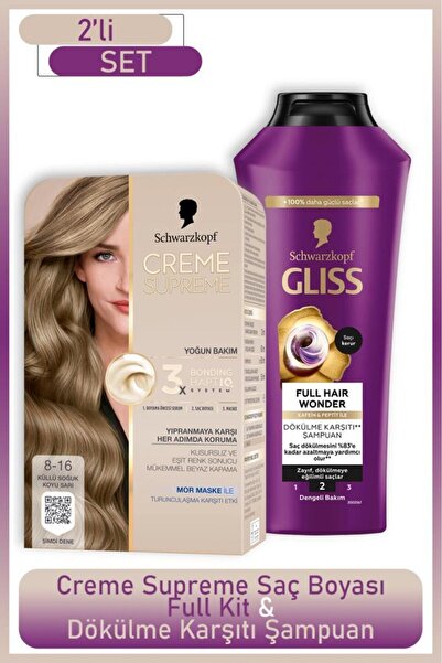 Schwarzkopf Creme Supreme Full Kit 8-16 Küllü Soğuk Koyu Sarı + Gliss Saç Dök...