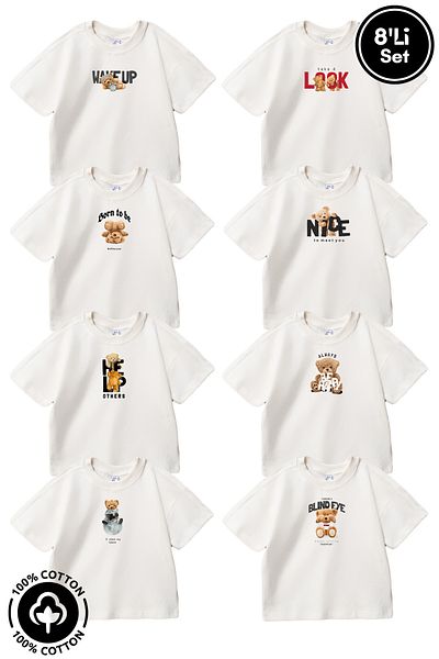 Miniel Unisex Crew Neck Teddy Bear Printed 100% Cotton Oversize T-Shirt Baby-Child Set of 8