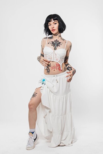 Bak Moda Corset cu bretele agrafate cu dantelă albă