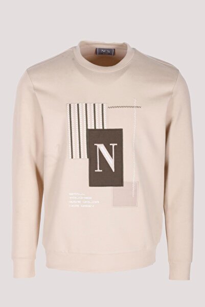 NCS Men's Sweatshirt Beige Relaxed Fit Double Face N Applique Wrap Embroidery Logo Detailed Crewneck Jeans 16