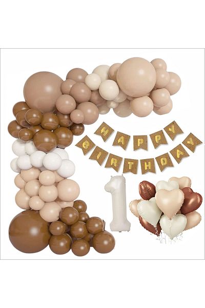 ZENVİVA Kraft Gold Banner 1 Year Old Foil Heart 30 Balloon Concept Birthday Set