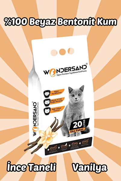 wondersand 20 Litre %100 Beyaz Bentonit Ince Tane Vanilya Kokulu Topaklanan Premium Kedi Kumu