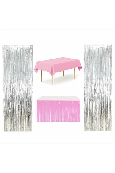 ZENVİVA Pink Tablecloth, Pink Table Skirt, 2 Silver Backdrop Curtain