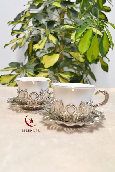 Bilenler Set of 2 Silver Patterned Zamzam Set and Coffee Cup Set |   Stylish Presentation with Metal Plate and Cup Coaster