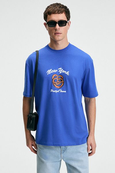GRIMELANGE Crisp Men's Oversize 100% Cotton Printed Round Neck Saks Blue T-Shirt