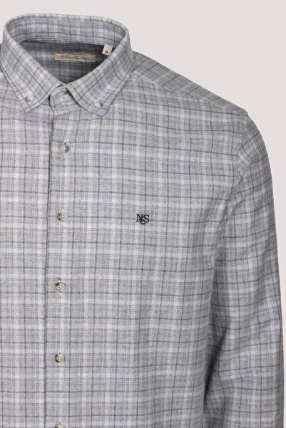 NCS Men's Shirt Gray Long Sleeve Plaid Check Flannel Wool Buttoned Slim Fit Button Collar Shirt Jeans 7270