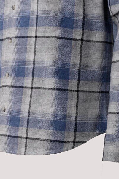 NCS Erkek Gömlek Mavi Uzun Kol Ekose Kareli Flanel Yün Tuşeli Slim Fit Düğmeli Yaka Shirt JEANS 7269