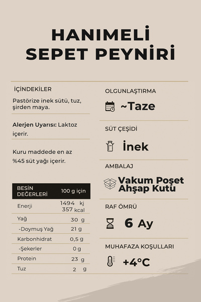 Ariste Keyif Serisi – Dilimli Hanımeli Sade Sepet Peyniri 500 gr