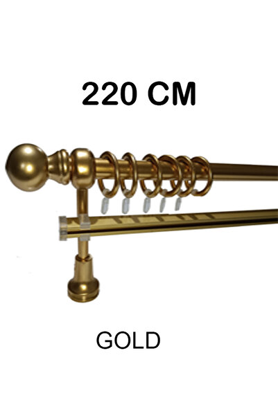 PERDE Mix 220 Cm Gold Metal Borulu Ahşap Ayak Ve Başlıklı Tek Raylı Rustik Pe...