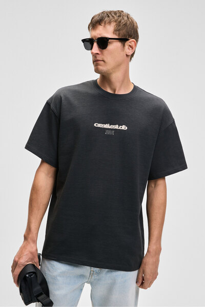 GRIMELANGE JON Erkek Bisiklet Yaka %100 Organik Pamuk Oversize Fit Antrasit T-Shirt