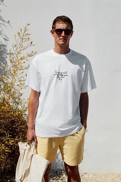 GRIMELANGE Italia Men's 100% Organic Cotton Oversize Short Sleeve White T-Shirt with Front and Back Print Detail