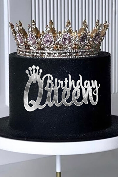 party world Birthday Queen Silver Colored Plexiglass Cake Medium Writing