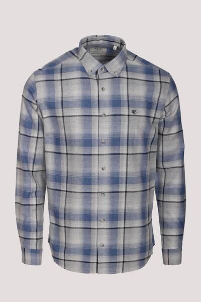 NCS Erkek Gömlek Mavi Uzun Kol Ekose Kareli Flanel Yün Tuşeli Slim Fit Düğmeli Yaka Shirt JEANS 7269