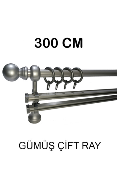 PERDE Mix 300 Cm Gümüş Metal Borulu Ahşap Ayak Ve Başlıklı Çift Raylı Rustik ...