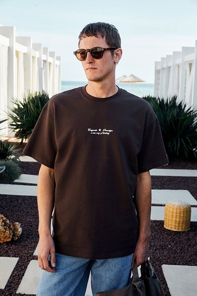 GRIMELANGE Benzo Men's Front Back Print Detailed 100% Organic Cotton Oversize Short Sleeve Dark Brown T-Shirt
