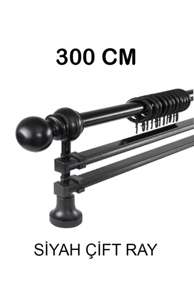PERDE Mix 300 Cm Siyah Metal Borulu Ahşap Ayak Ve Başlıklı Çift Raylı Rustik ...