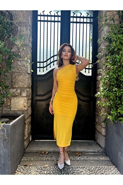 SHEYMA Tek Omuz Drapeli Kadın Midi Elbise