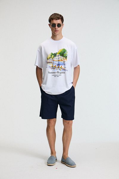 GRIMELANGE Veyron Men's 100% Cotton Oversize Fit Printed Short Sleeve Round Neck White T-Shirt