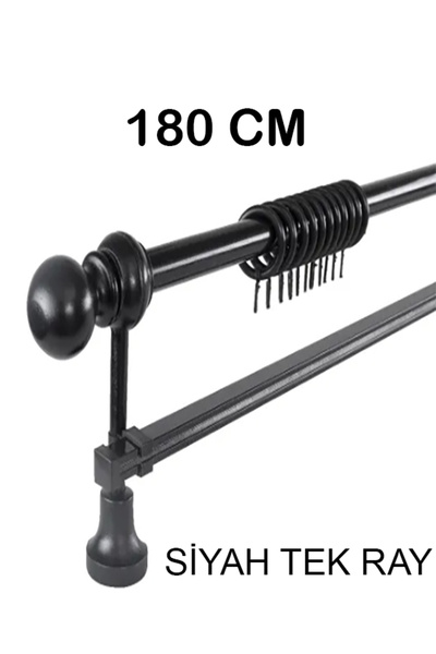 PERDE Mix 180 Cm Siyah Metal Borulu Ahşap Ayak Ve Başlıklı Tek Raylı Rustik P...